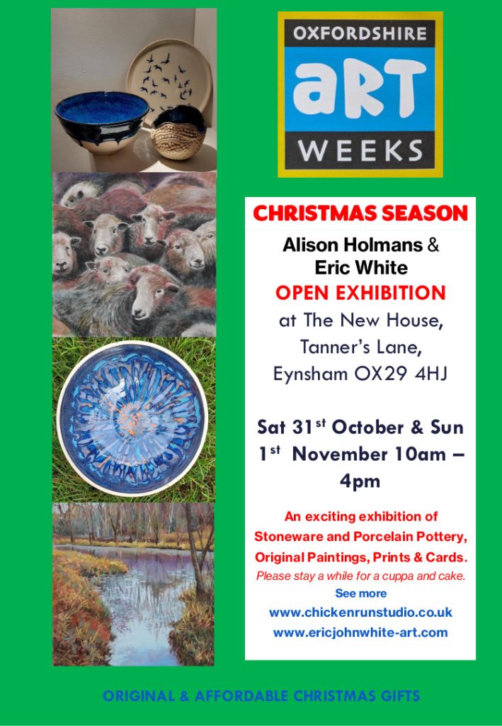 Poster with details of a Christmas Exhibition of pottery and painting, 31 October to 1 November 2026 at The New House, Tanner's Lane, Eynsham.